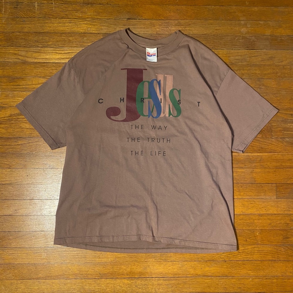 Vintage 90s Jesus Christ The Way Truth Life T-Shirt‎ Brown Mens XL Heavyweight
